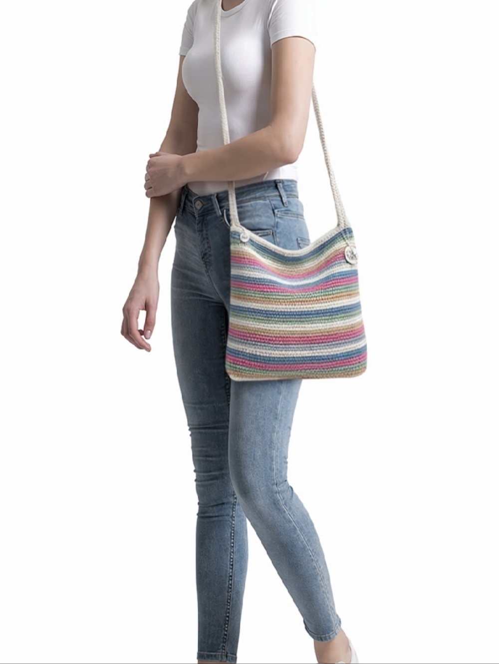 NEW The Sak -Striped Crochet Shoulder Bag in Rare Pastel Multicolor - Picture 2 of 9
